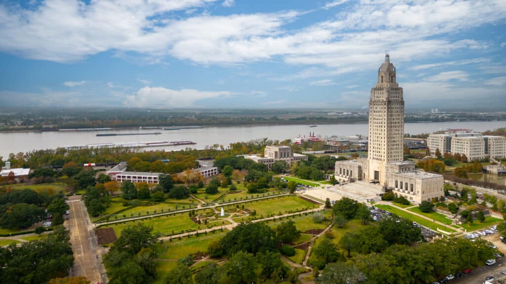 Louisiana Criminal Defense 1 Louisiana Capitol building overlooking river and park