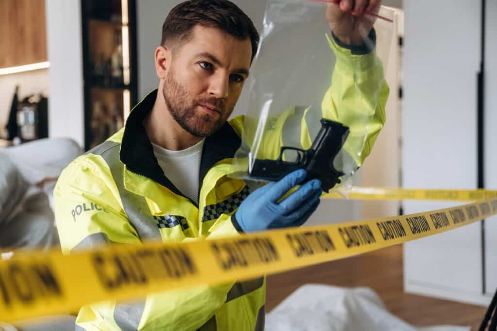 Louisiana CCrP Art. 162.3: No-Knock Search Warrants 1 Police detective examining a firearm inside a crime scene marked with caution tape, with evidence bag and residential setting visible in the background
